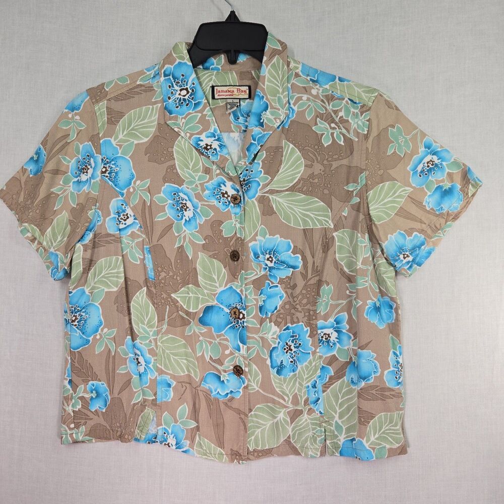 Jamaica Bay Blue Floral Hawaiian Camp Shirt Womens L Tropical Button Vacation